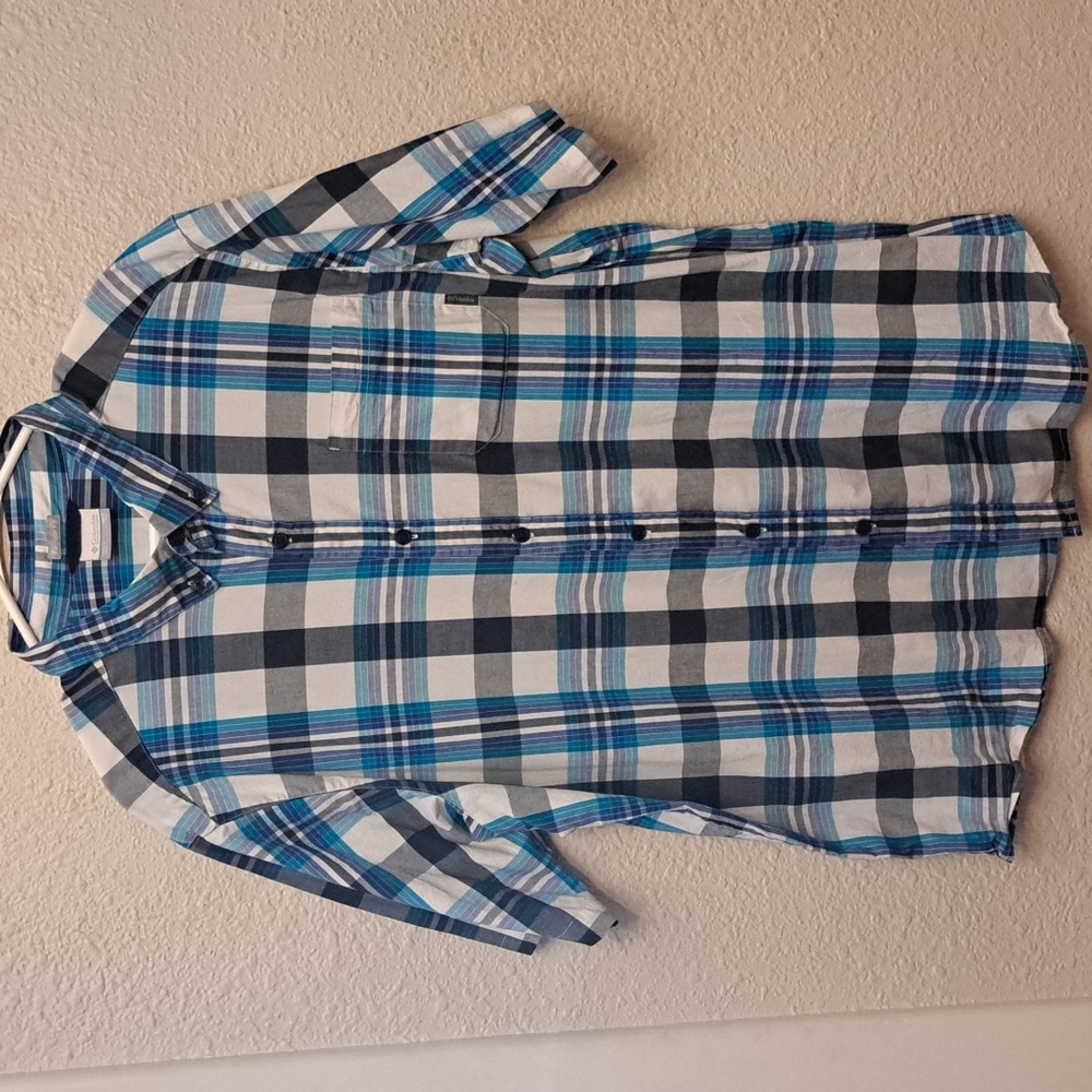 Columbia Regular Fit Mens Short Sleeve Teal Plaid Button Up Shirt Size 2XT Tall